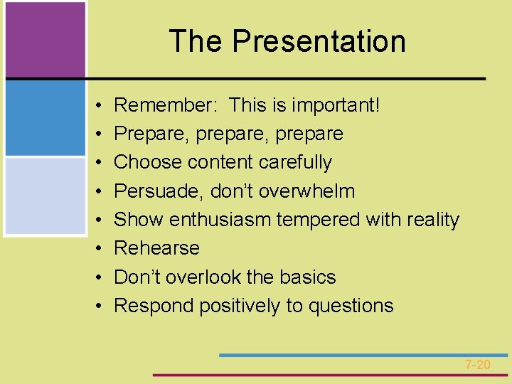 The Presentation • • Remember: This is important! Prepare, prepare Choose content carefully Persuade,