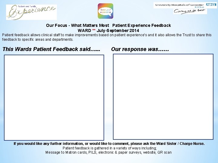 * Our Focus - What Matters Most Patient Experience Feedback WARD ** July-September 2014