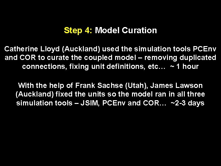 Step 4: Model Curation Catherine Lloyd (Auckland) used the simulation tools PCEnv and COR