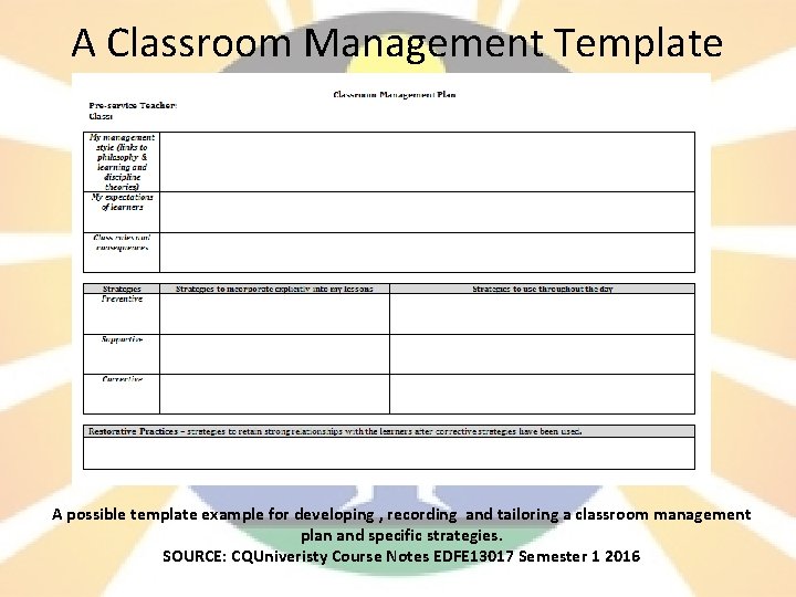A Classroom Management Template A possible template example for developing , recording and tailoring