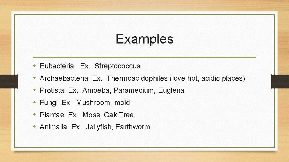 Examples • • • Eubacteria Ex. Streptococcus Archaebacteria Ex. Thermoacidophiles (love hot, acidic places)