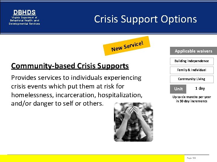 DBHDS Virginia Department of Behavioral Health and Developmental Services Crisis Support Options ! rvice