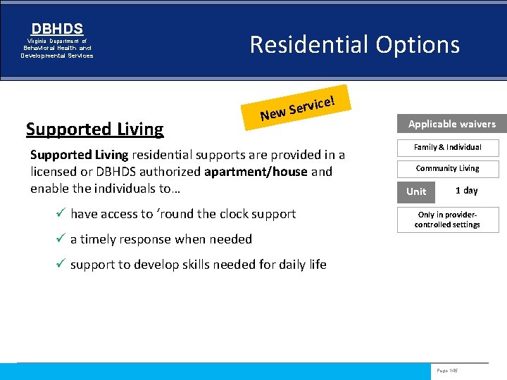 DBHDS Virginia Department of Behavioral Health and Developmental Services Residential Options ! Supported Living