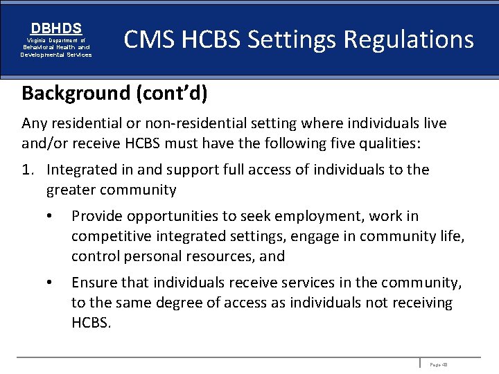 DBHDS Virginia Department of Behavioral Health and Developmental Services CMS HCBS Settings Regulations Background