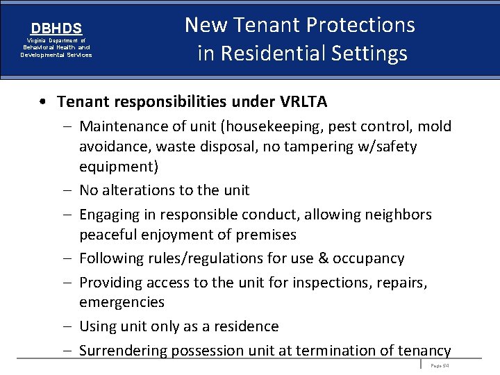 DBHDS Virginia Department of Behavioral Health and Developmental Services New Tenant Protections in Residential