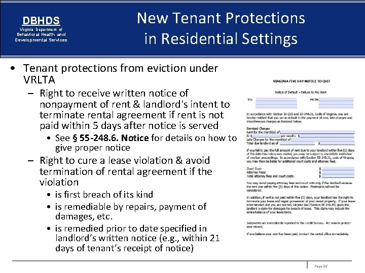 DBHDS Virginia Department of Behavioral Health and Developmental Services New Tenant Protections in Residential