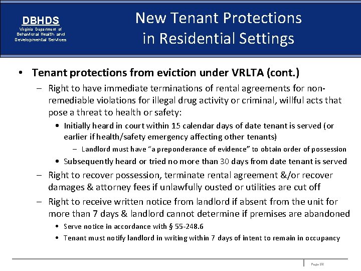 DBHDS Virginia Department of Behavioral Health and Developmental Services New Tenant Protections in Residential