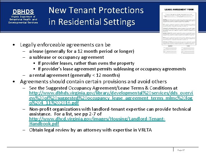 DBHDS Virginia Department of Behavioral Health and Developmental Services New Tenant Protections in Residential