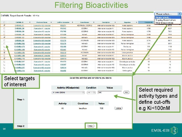 Filtering Bioactivities Select targets of interest 25 Select required activity types and define cut-offs Filtering Bioactivities Select targets of interest 25 Select required activity types and define cut-offs