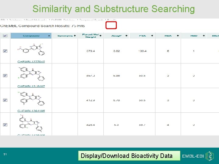 Similarity and Substructure Searching 31 Display/Download Bioactivity Data Similarity and Substructure Searching 31 Display/Download Bioactivity Data
