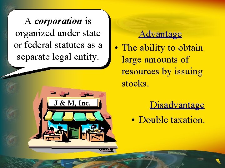 A corporation is organized under state or federal statutes as a separate legal entity.