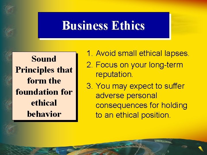 Business Ethics Sound Principles that form the foundation for ethical behavior 1. Avoid small