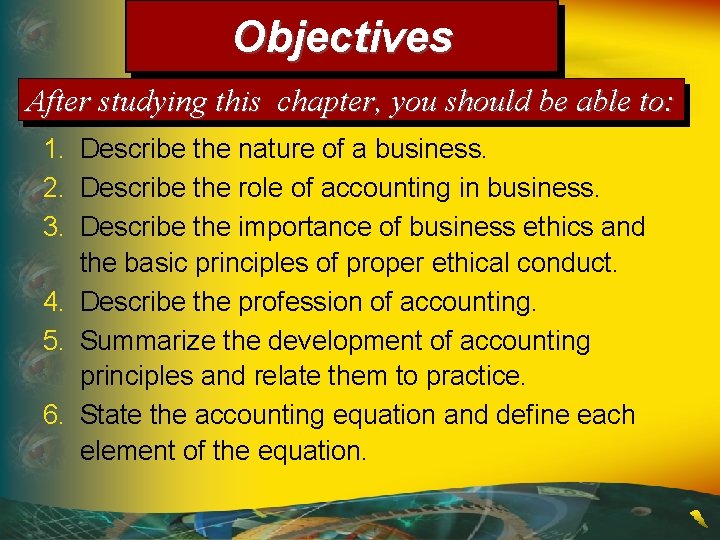 Objectives After studying this chapter, you should be able to: 1. Describe the nature