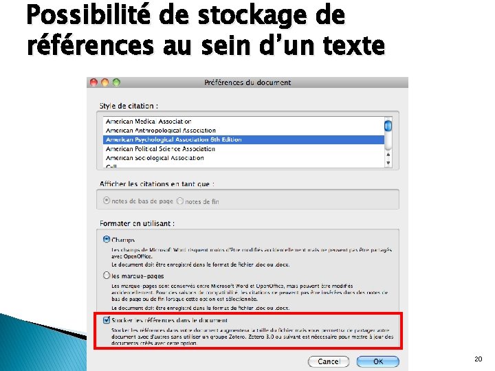 Possibilité de stockage de références au sein d’un texte 20 