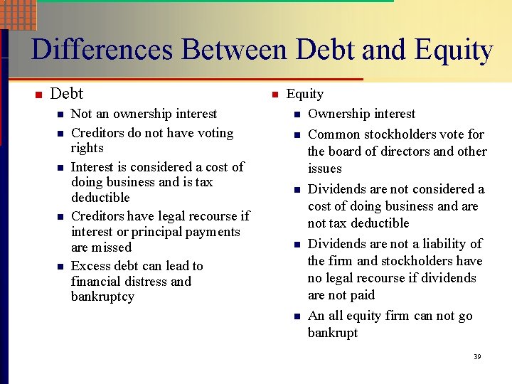 Differences Between Debt and Equity n Debt n n n Not an ownership interest