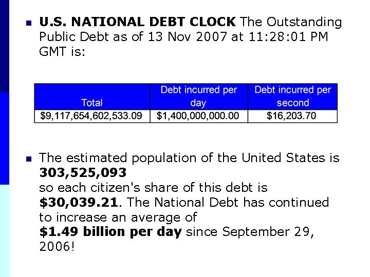 n U. S. NATIONAL DEBT CLOCK The Outstanding Public Debt as of 13 Nov