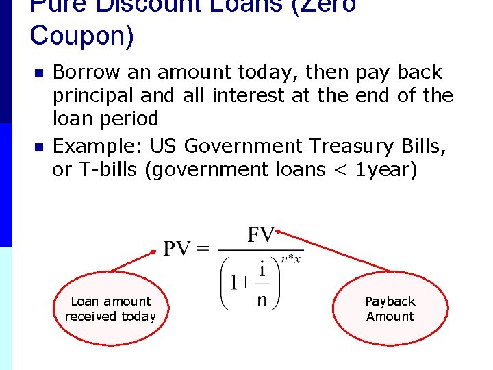 Pure Discount Loans (Zero Coupon) n n Borrow an amount today, then pay back
