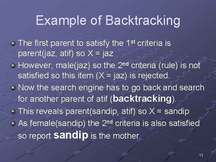 Example of Backtracking The first parent to satisfy the 1 st criteria is parent(jaz,