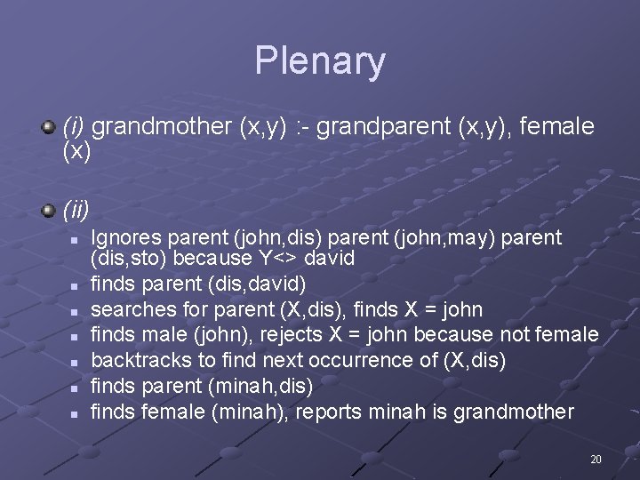 Plenary (i) grandmother (x, y) : - grandparent (x, y), female (x) (ii) n