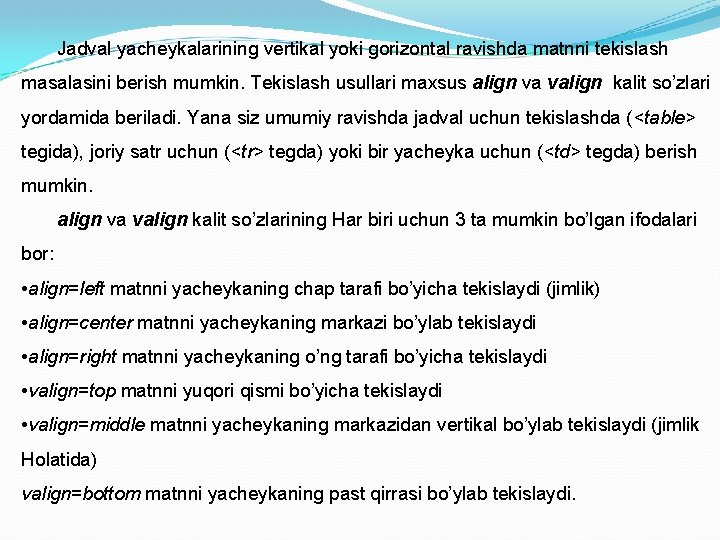 Jadval yacheykalarining vertikal yoki gorizontal ravishda matnni tekislash masalasini berish mumkin. Tekislash usullari maxsus