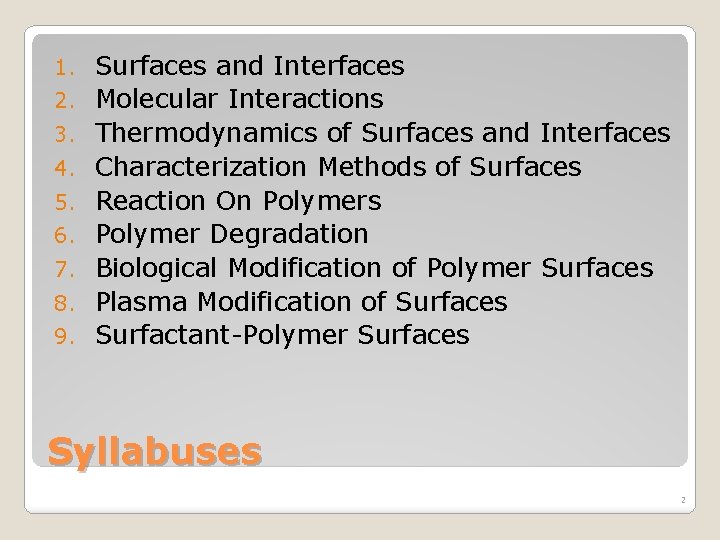 1. 2. 3. 4. 5. 6. 7. 8. 9. Surfaces and Interfaces Molecular Interactions