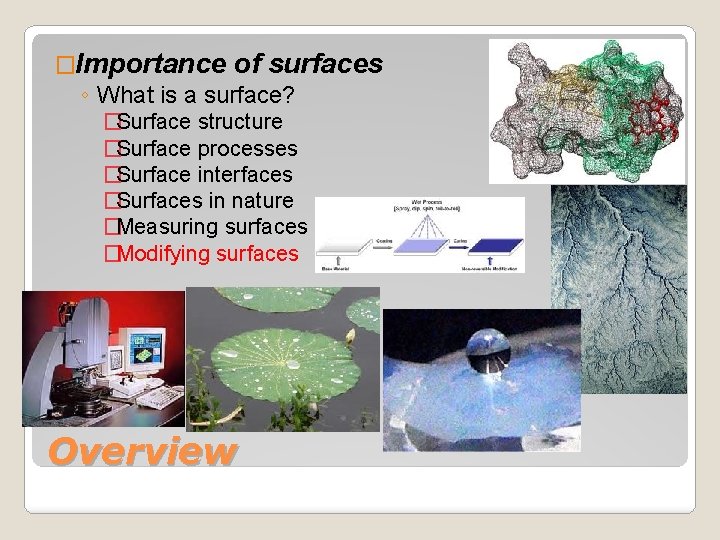 �Importance of surfaces ◦ What is a surface? �Surface structure �Surface processes �Surface interfaces