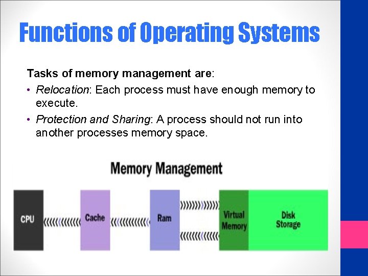 Functions of Operating Systems Tasks of memory management are: • Relocation: Each process must
