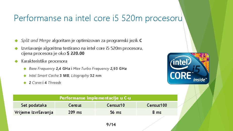 Performanse na intel core i 5 520 m procesoru Split and Merge algoritam je