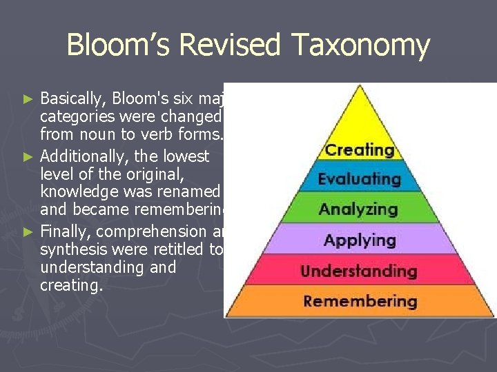 Bloom’s Revised Taxonomy Basically, Bloom's six major categories were changed from noun to verb
