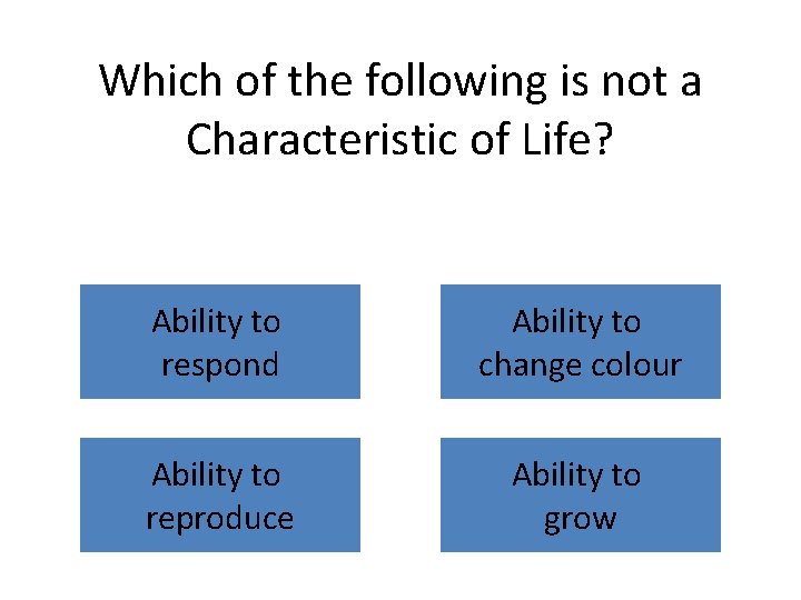 Which of the following is not a Characteristic of Life? Ability to respond Ability