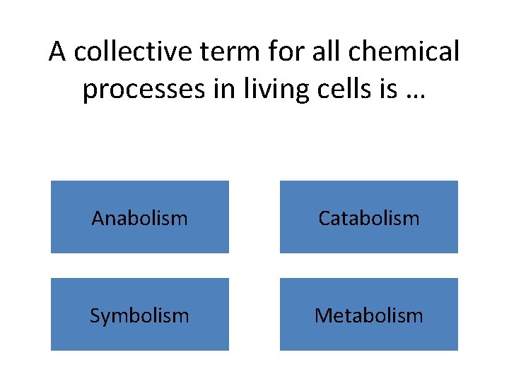 A collective term for all chemical processes in living cells is … Anabolism Catabolism