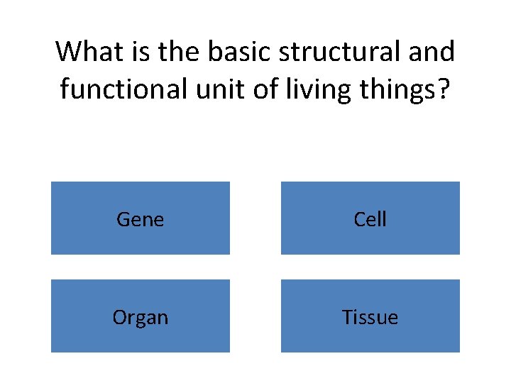 What is the basic structural and functional unit of living things? Gene Cell Organ