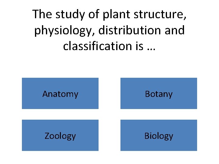 The study of plant structure, physiology, distribution and classification is … Anatomy Botany Zoology
