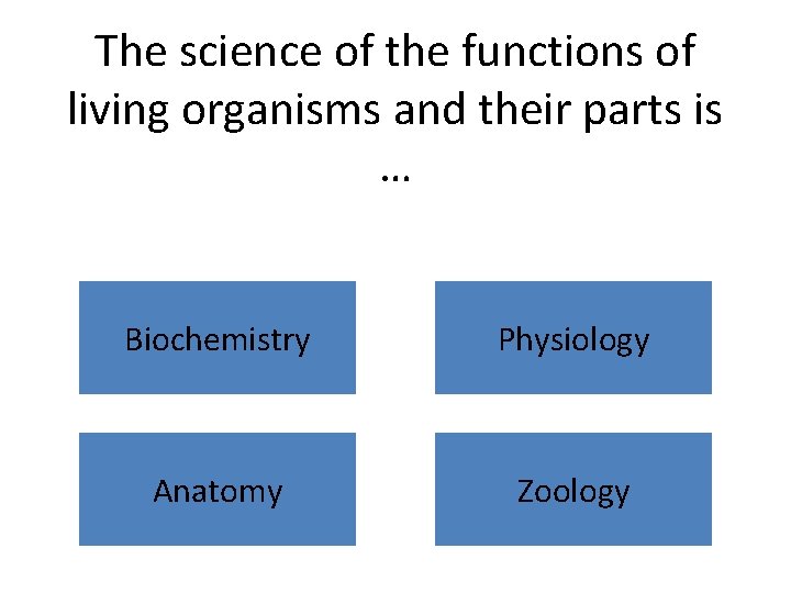 The science of the functions of living organisms and their parts is … Biochemistry