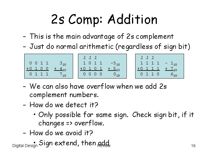 2 s Comp: Addition – This is the main advantage of 2 s complement