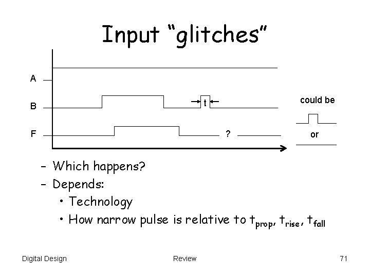 Input “glitches” A could be t B F ? or – Which happens? –