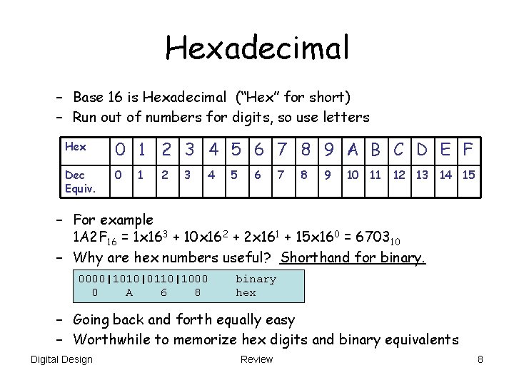 Hexadecimal – Base 16 is Hexadecimal (“Hex” for short) – Run out of numbers