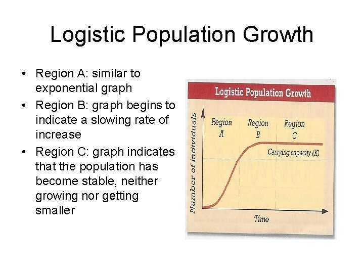 Logistic Population Growth • Region A: similar to exponential graph • Region B: graph