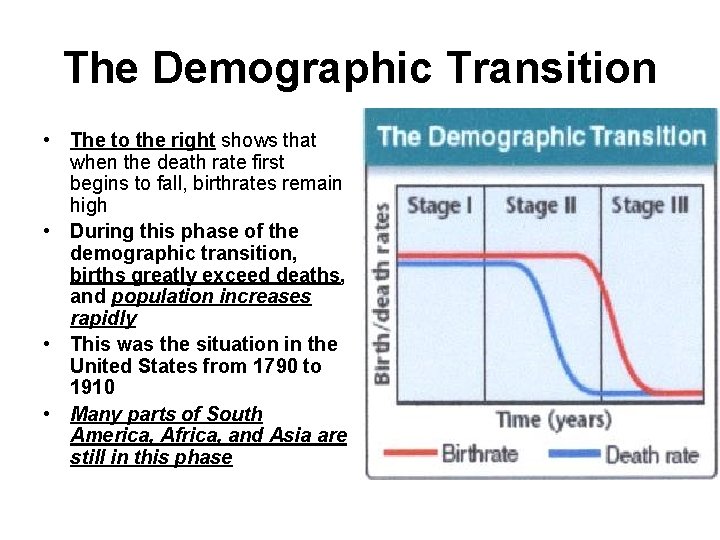 The Demographic Transition • The to the right shows that when the death rate