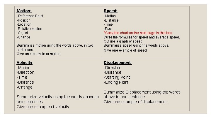 Motion: -Reference Point Speed: -Motion -Position -Location -Relative Motion -Object -Change -Distance -Time -Fast