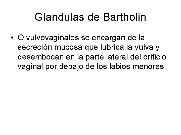 Glandulas de Bartholin • O vulvovaginales se encargan de la secreción mucosa que lubrica