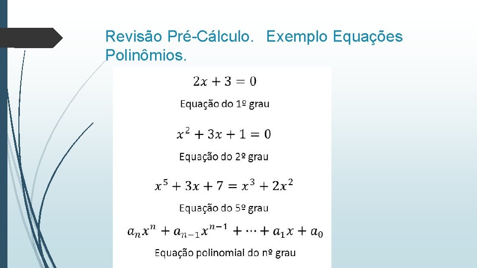 Revisão Pré-Cálculo. Exemplo Equações Polinômios. 