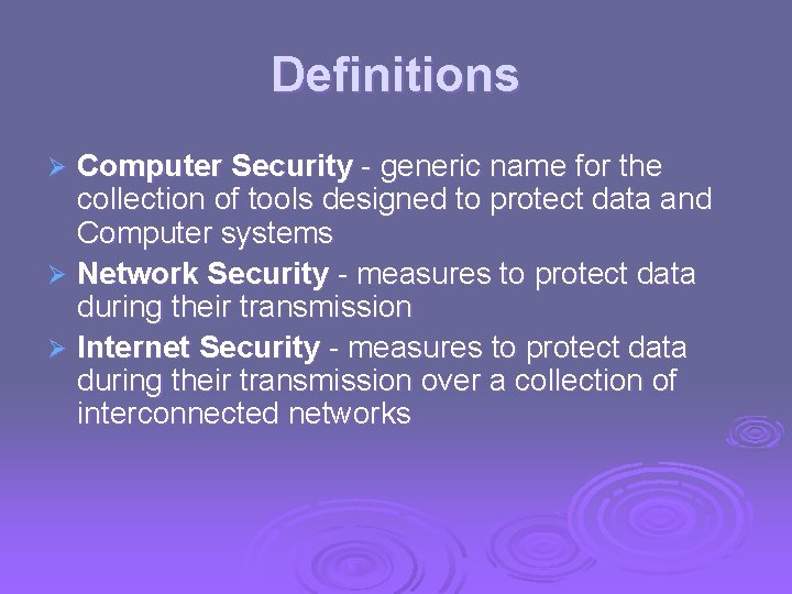 Definitions Computer Security - generic name for the collection of tools designed to protect