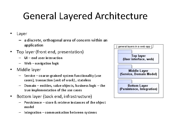 General Layered Architecture • Layer – a discrete, orthogonal area of concern within an