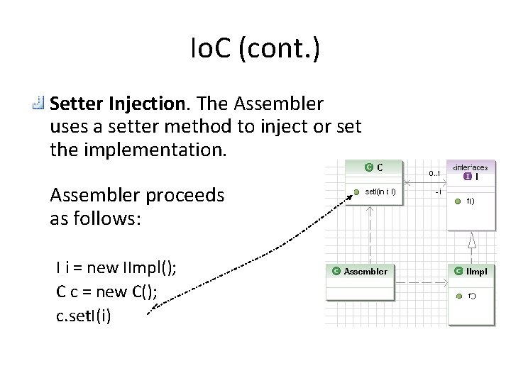 Io. C (cont. ) Setter Injection. The Assembler uses a setter method to inject Io. C (cont. ) Setter Injection. The Assembler uses a setter method to inject