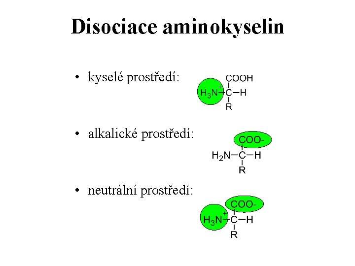 Disociace aminokyselin • kyselé prostředí: • alkalické prostředí: • neutrální prostředí: 