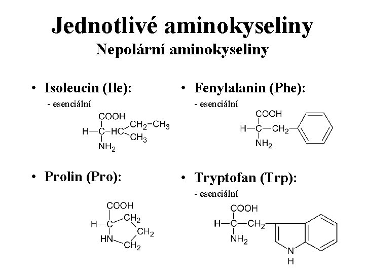 Jednotlivé aminokyseliny Nepolární aminokyseliny • Isoleucin (Ile): - esenciální • Prolin (Pro): • Fenylalanin