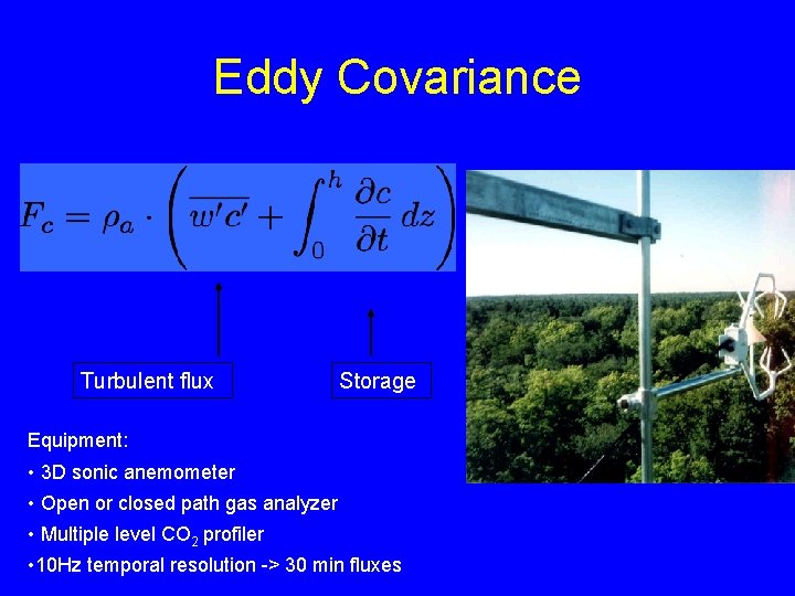 Eddy Covariance Turbulent flux Storage Equipment: • 3 D sonic anemometer • Open or