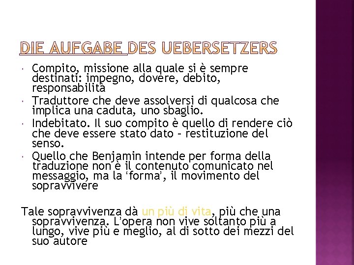  Compito, missione alla quale si è sempre destinati: impegno, dovere, debito, responsabilità Traduttore