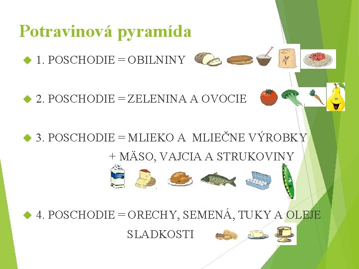 Potravinová pyramída 1. POSCHODIE = OBILNINY 2. POSCHODIE = ZELENINA A OVOCIE 3. POSCHODIE